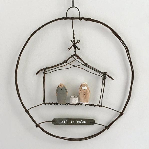 Christmas Large Rusty Wire Wreath with Nativity Scene 'All is Calm'