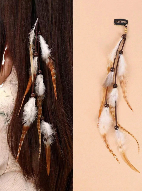 Bohemian Gypsy Indian Feather, Leather and Beaded Plaited Hair Piece - 8 Styles