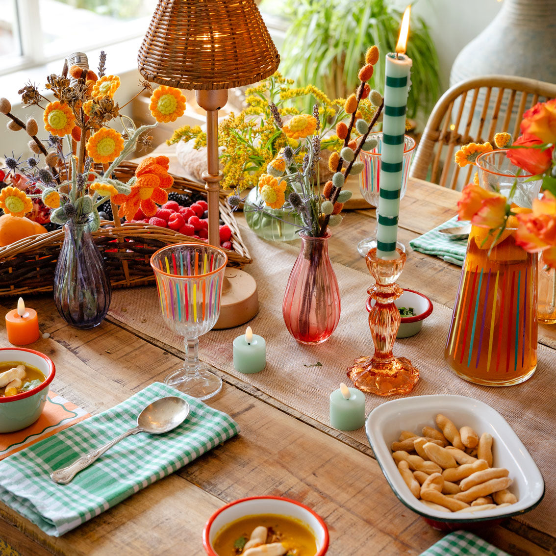Green Striped Tall Dinner Candles