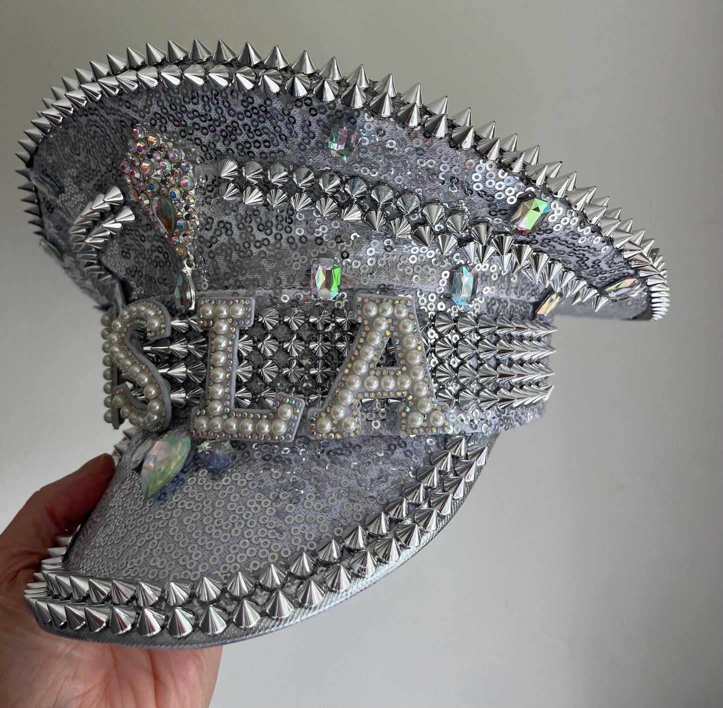 Personalised Silver Punk Rhinestone Jewelled Sequin Captain Hat