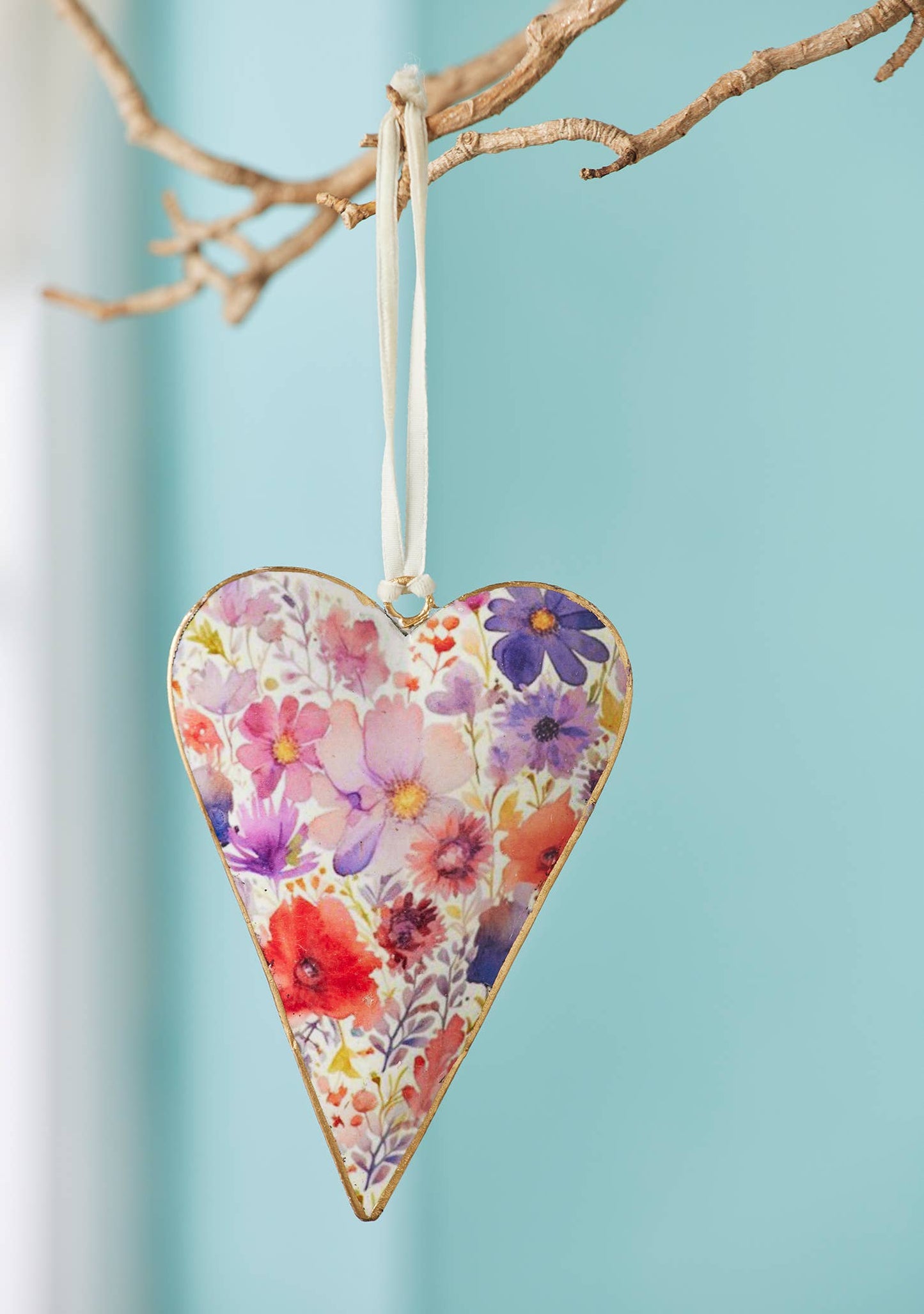 Watercolour Floral Metal Hanging Heart Decoration