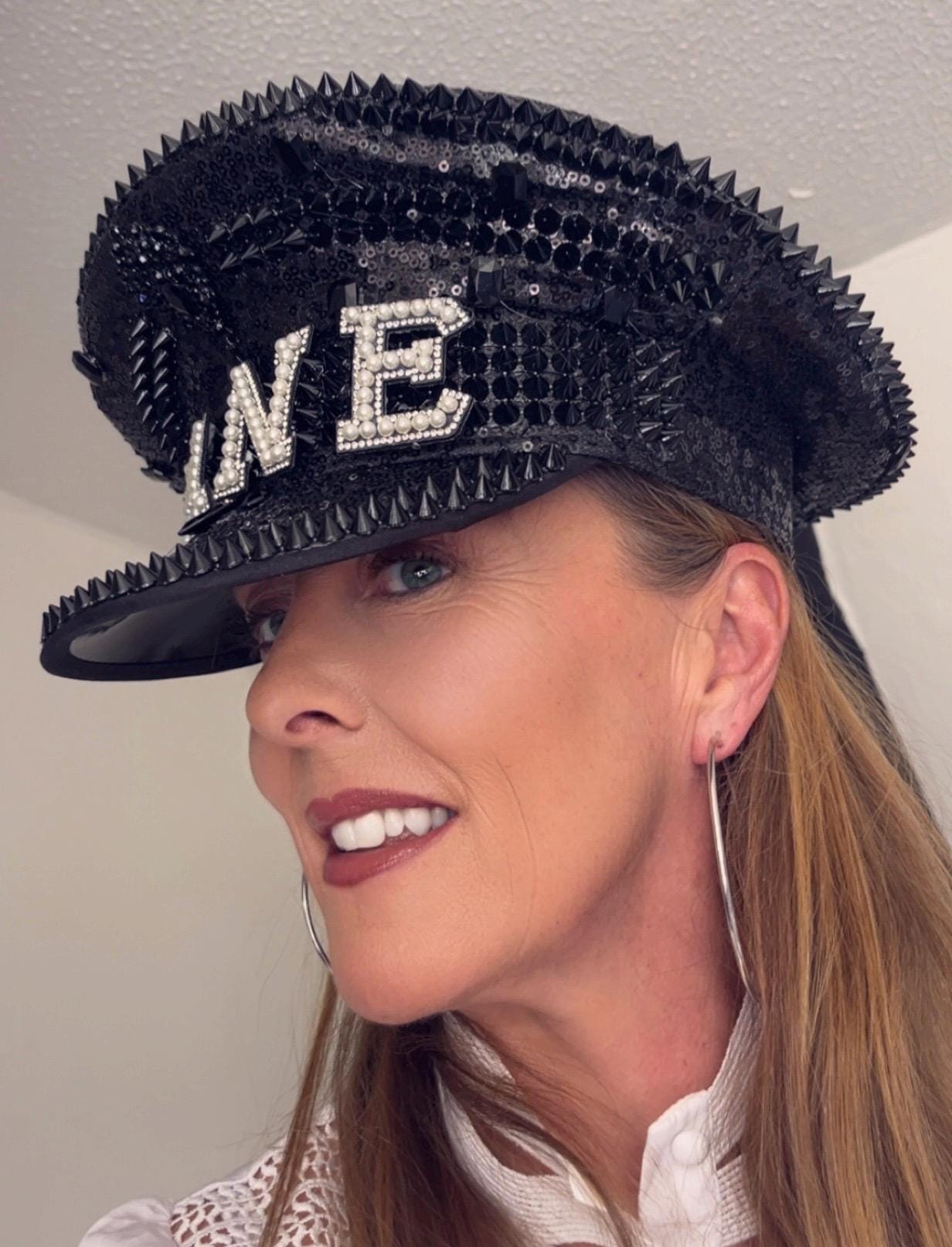 Personalised Black Punk Rhinestone Jewelled Sequin Captain Hat