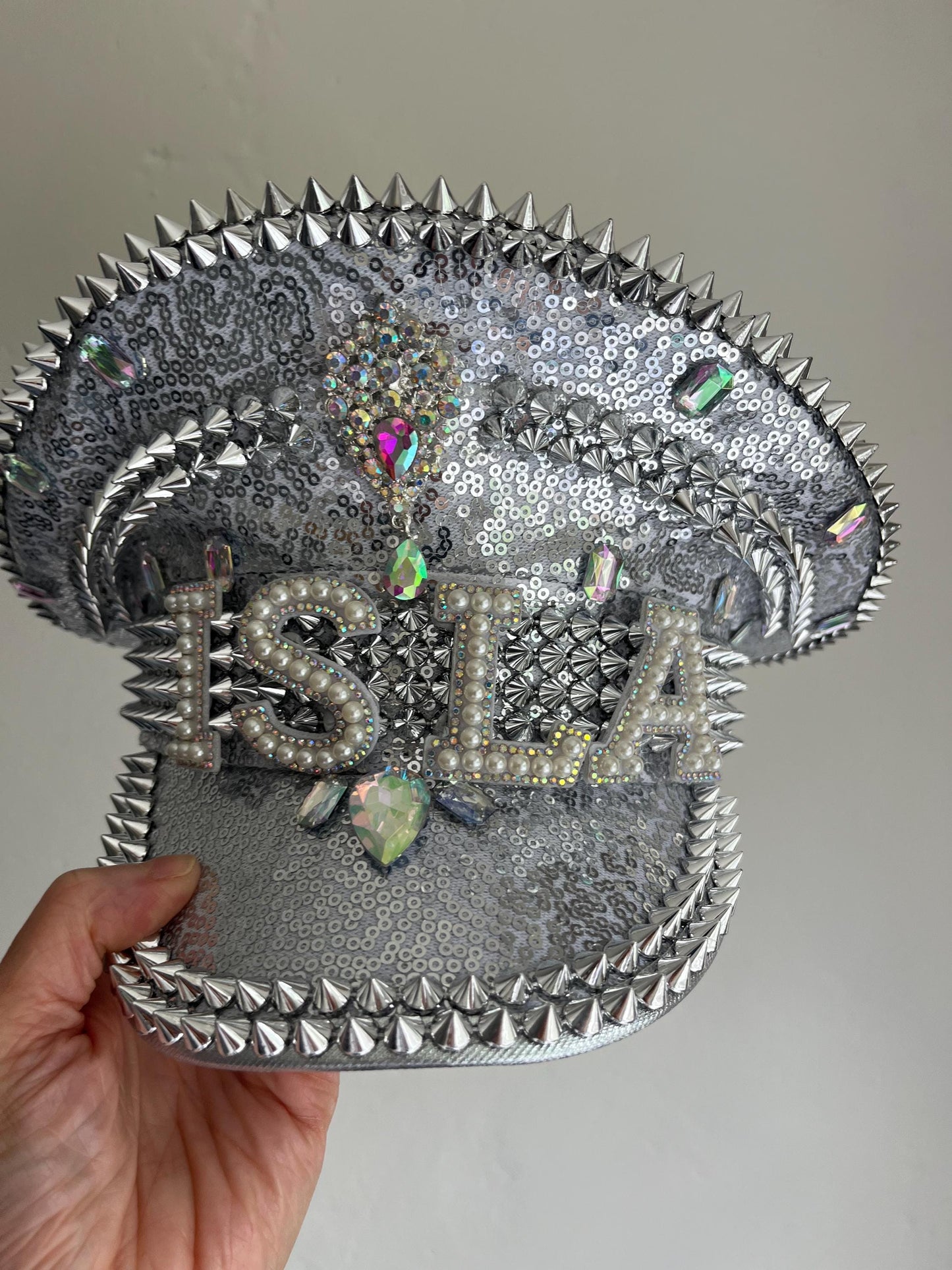 Personalised Silver Punk Rhinestone Jewelled Sequin Captain Hat