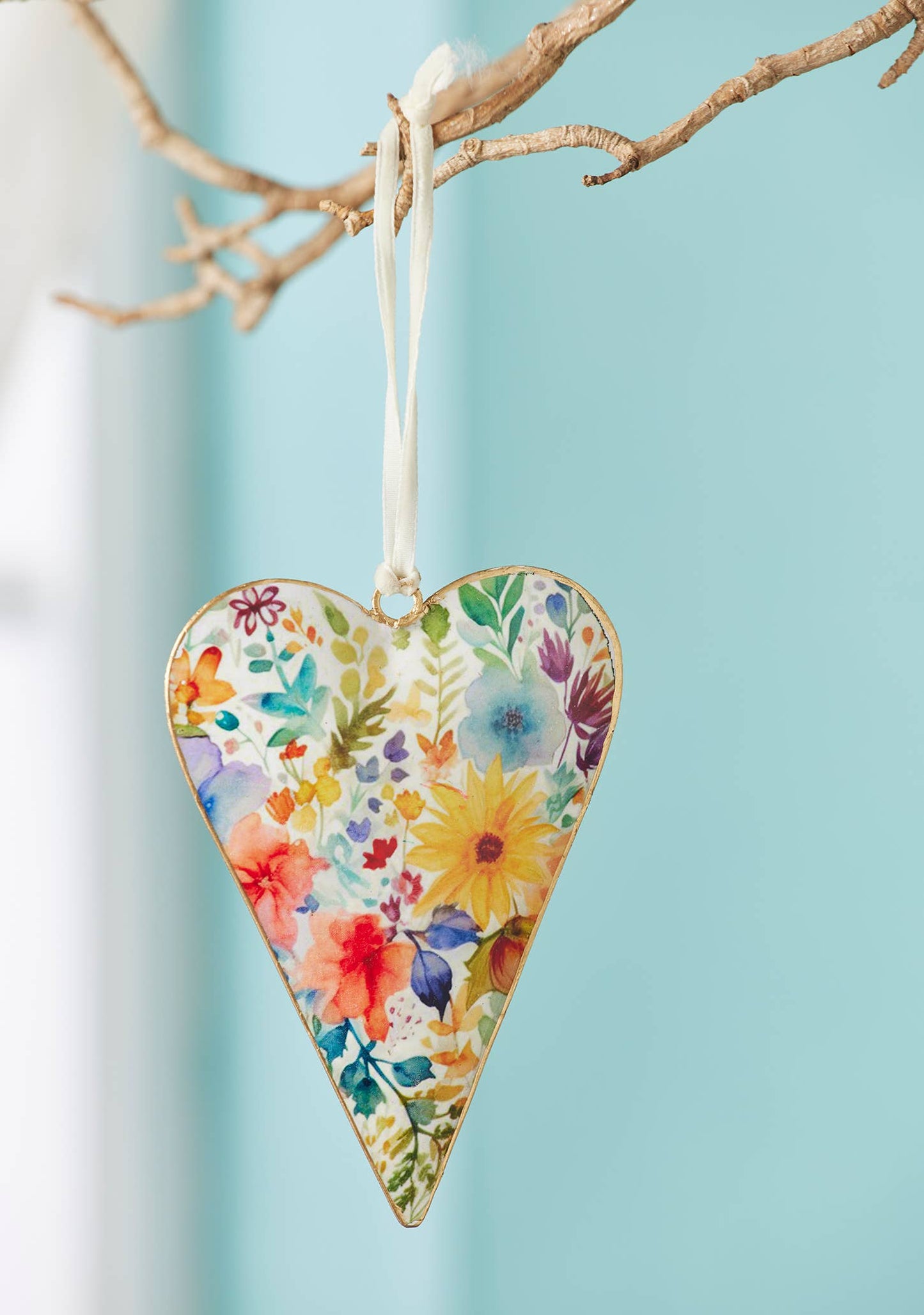 Watercolour Floral Metal Hanging Heart Decoration