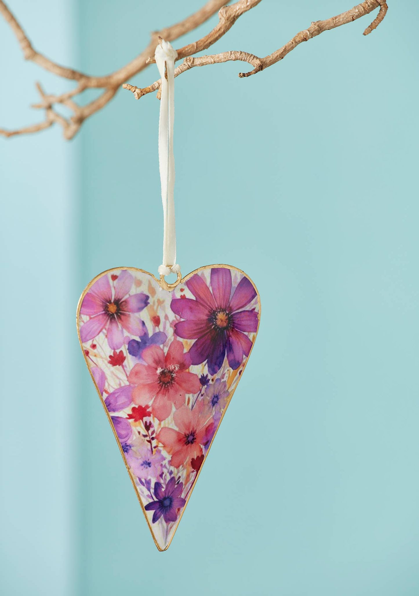 Watercolour Floral Metal Hanging Heart Decoration