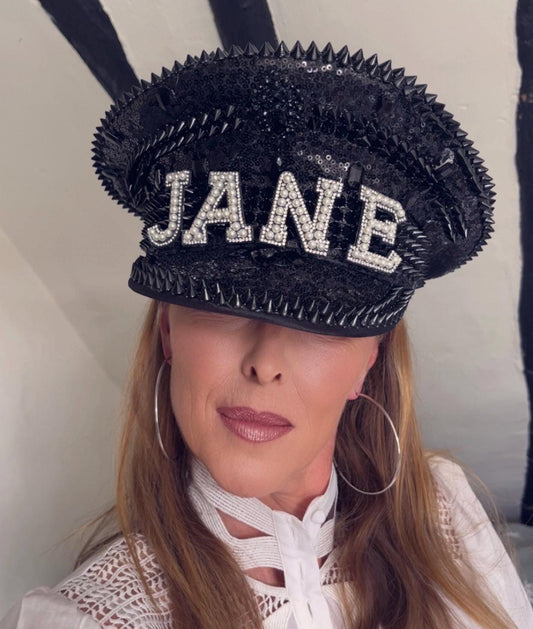 Personalised Black Punk Rhinestone Jewelled Sequin Captain Hat