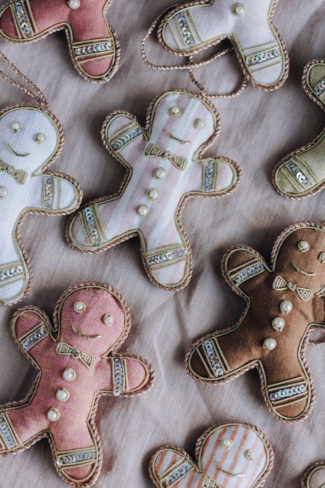 Gingerbread Pink and White Stripe Embroidered Irish Linen Christmas Hanging Decoration