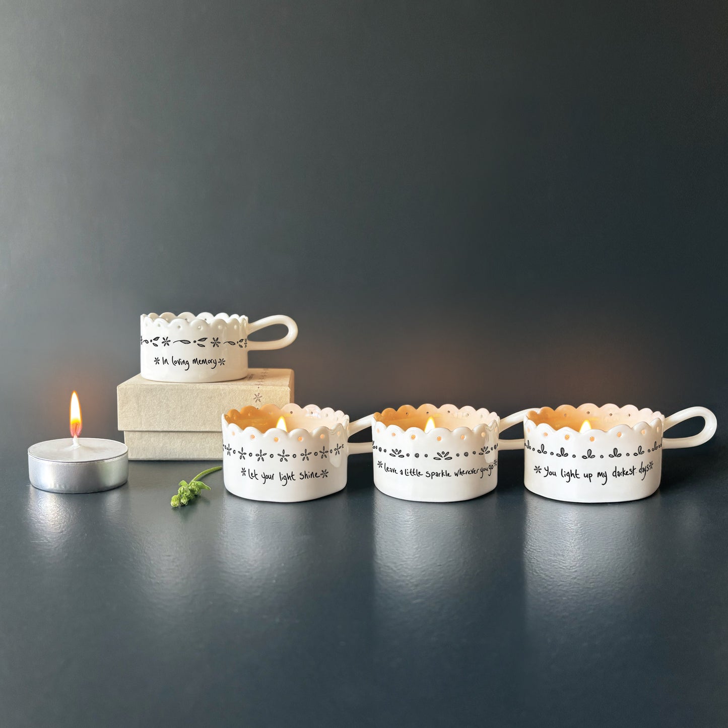 Porcelain Handled Boxed Scallop Tea Light Holder, Keepsake Gift, Four Designs