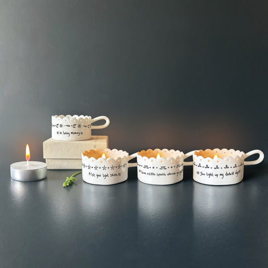 Porcelain Handled Boxed Scallop Tea Light Holder, Keepsake Gift, Four Designs