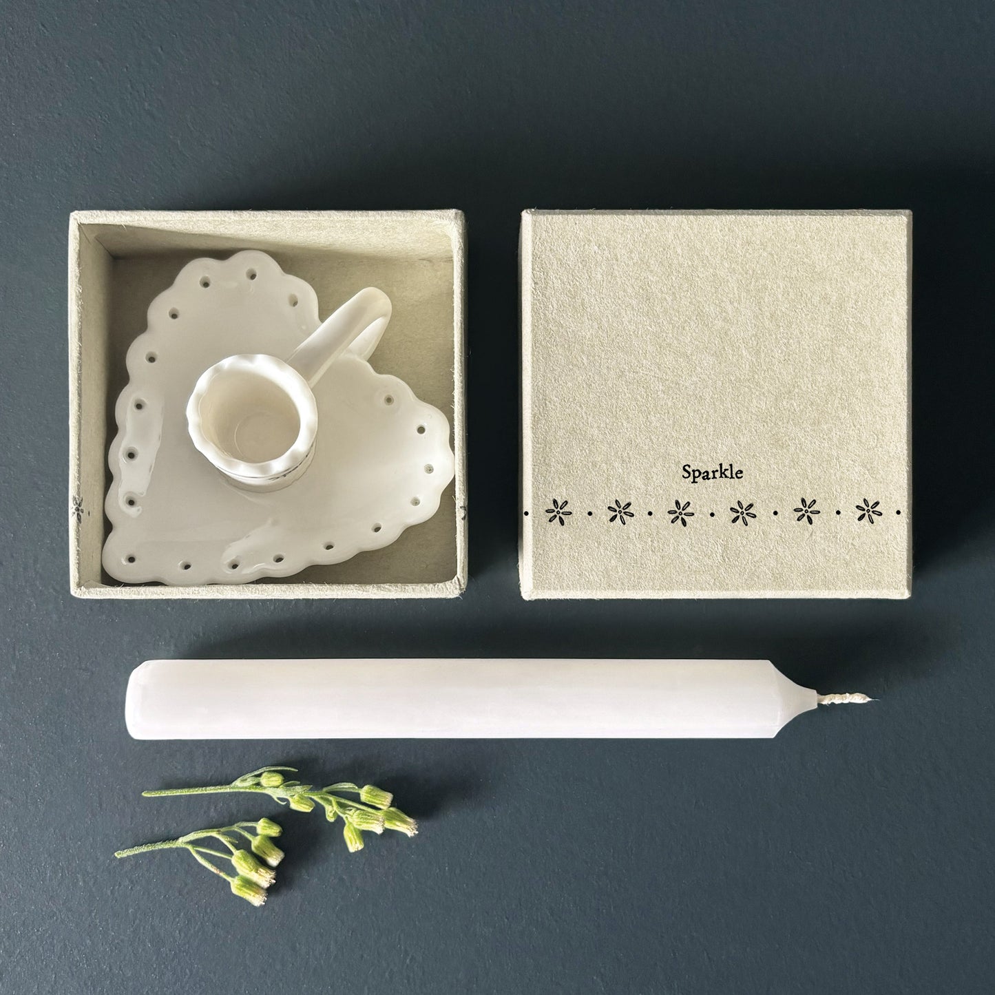 Porcelain Boxed Handled Scalloped Candle Holder with Candle - Sparkle