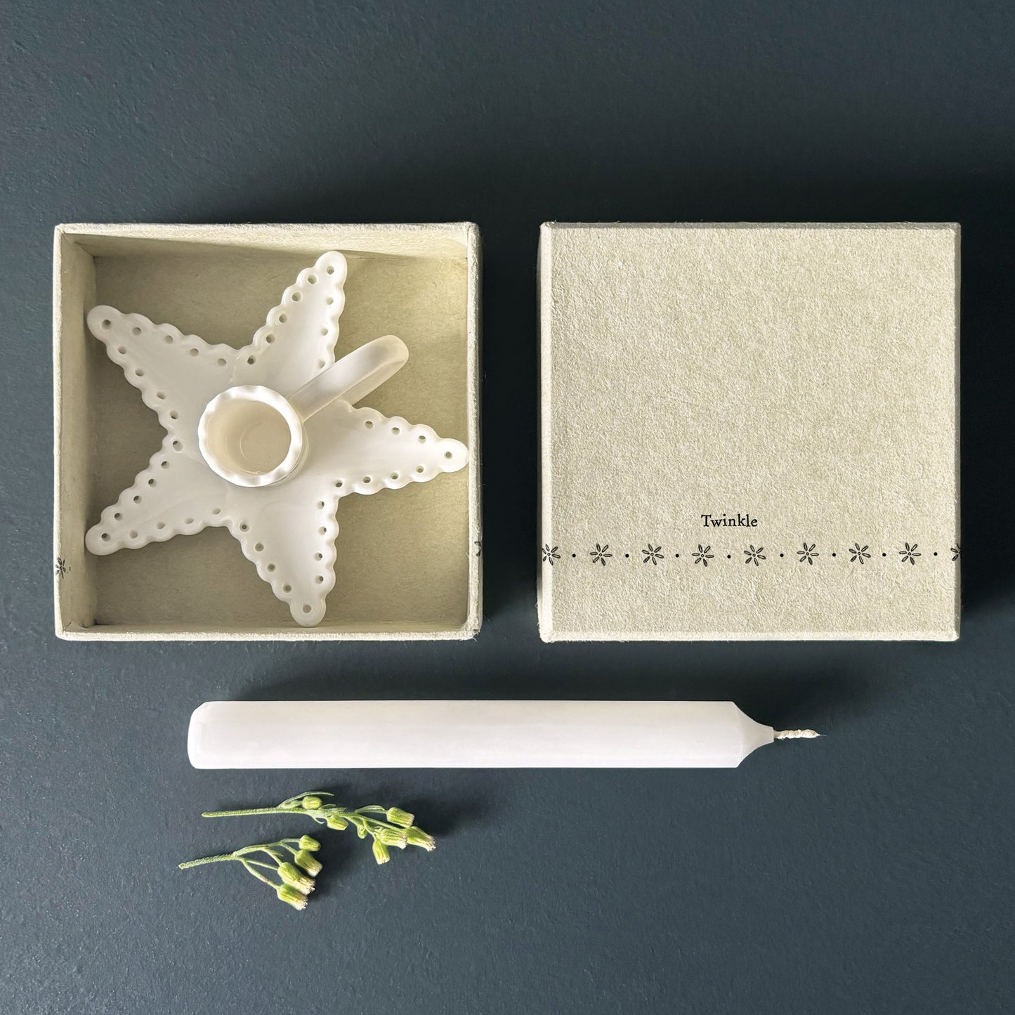 Porcelain Boxed Handled Scalloped Candle Holder with Candle - Twinkle