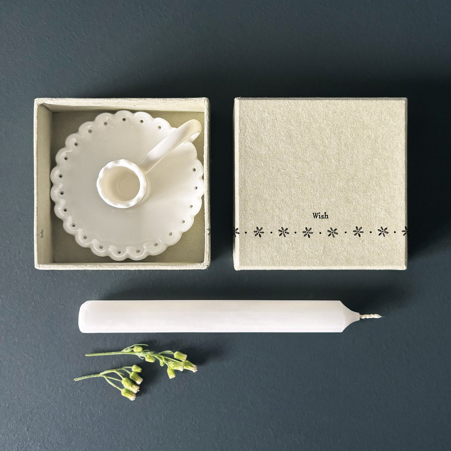 Porcelain Boxed Handled Scalloped Candle Holder with Candle - Wish