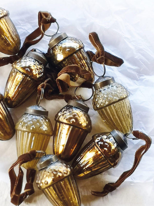 Vintage Antique Glass Golden Acorn Bauble with Velvet Ribbon