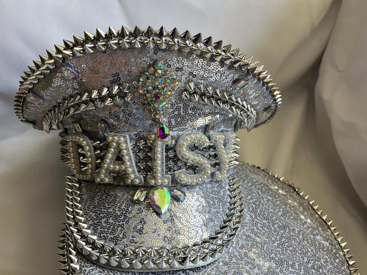 Personalised Silver Punk Rhinestone Jewelled Sequin Captain Hat