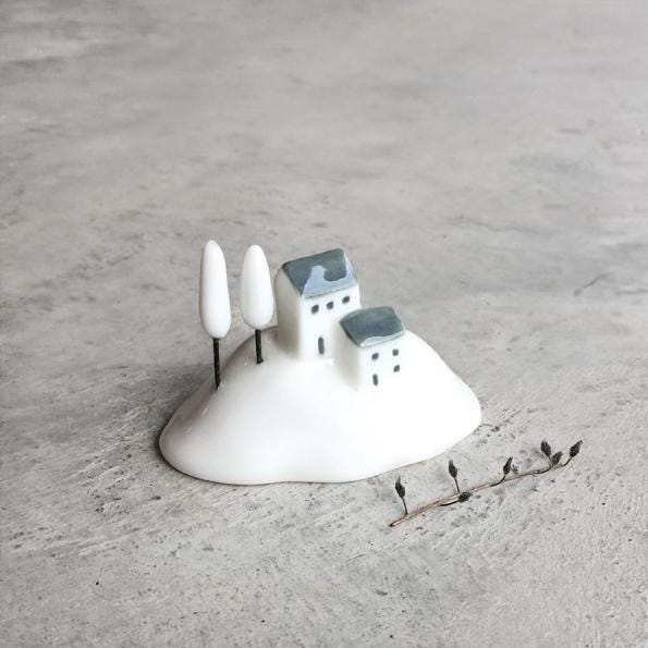 Mini Porcelain House in a Box, Hillside Two Houses and Trees