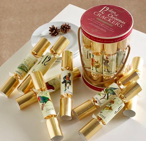 12 Days of Christmas Gold Christmas Crackers in Tub (12 Pack)