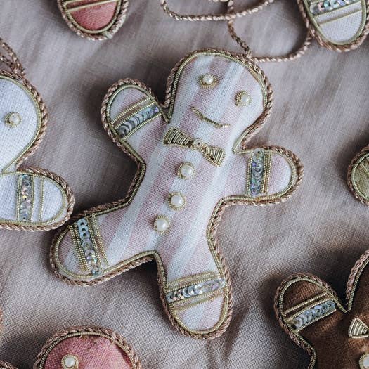 Gingerbread Pink and White Stripe Embroidered Irish Linen Christmas Hanging Decoration