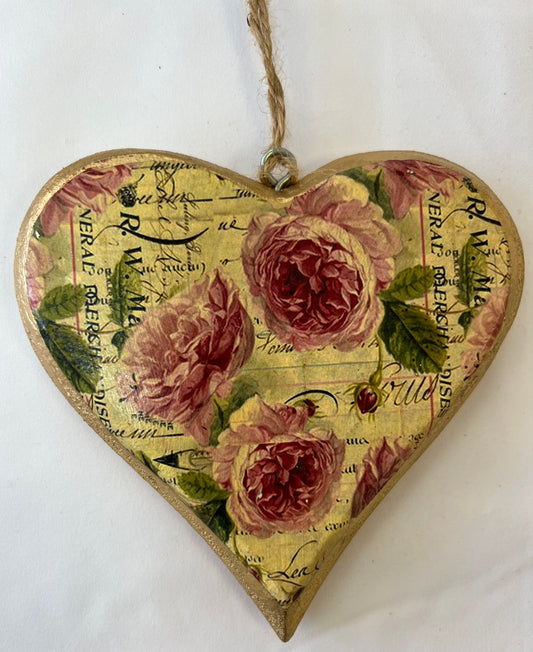Hand Crafted Vintage Floral Wooden Hanging Heart Decoration - Choice of Styles