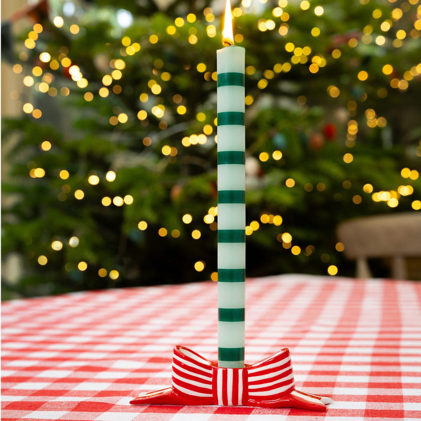 Red and White Striped Ceramic Bow Candle Holder by Talking Tables