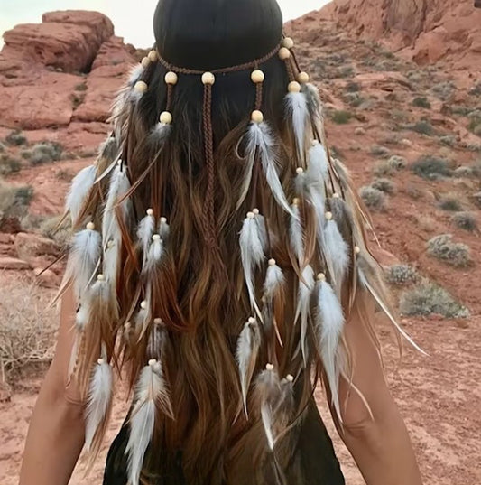 Bohemian Gypsy Indian Feather & Leather Plaited Head Piece