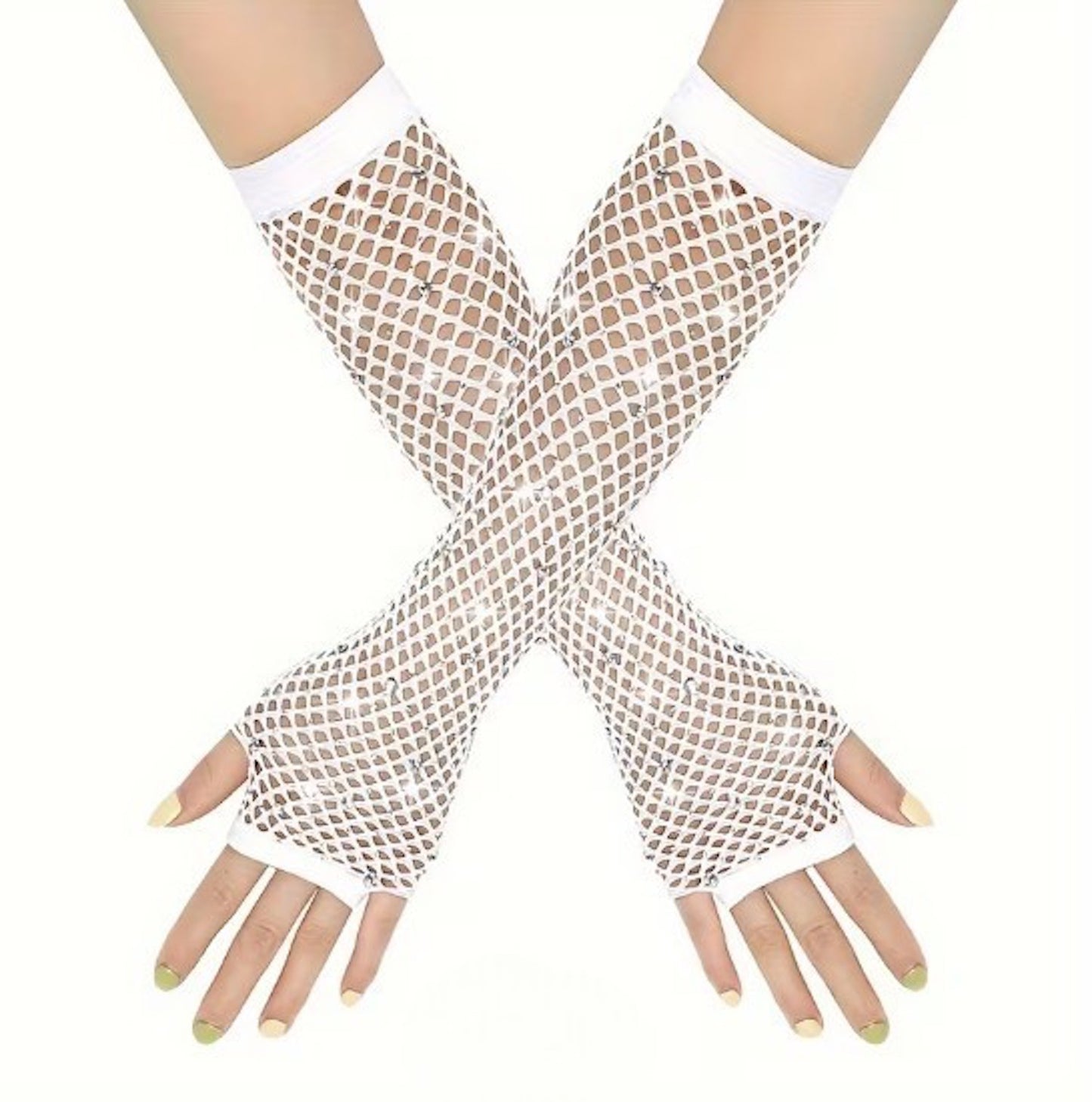 White Long Fishnet Rhinestone Fingerless Gloves