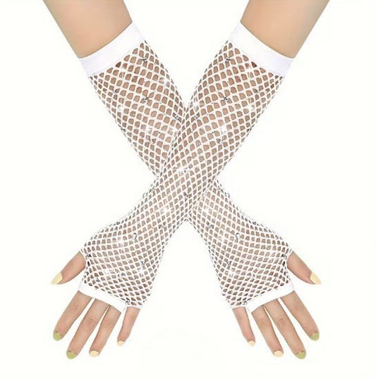 White Long Fishnet Rhinestone Fingerless Gloves