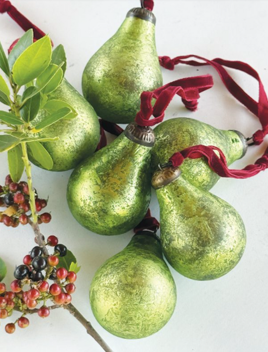 Medium Vintage Antique Green Glass Pear Bauble Hanging Decoration with Velvet Ribbon
