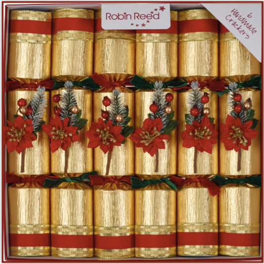 Gold Poinsettia Large Handmade Luxury Traditional Christmas Crackers (6 Pack)