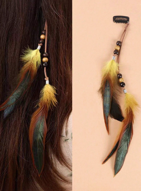 Bohemian Gypsy Indian Feather, Leather and Beaded Plaited Hair Piece - 8 Styles