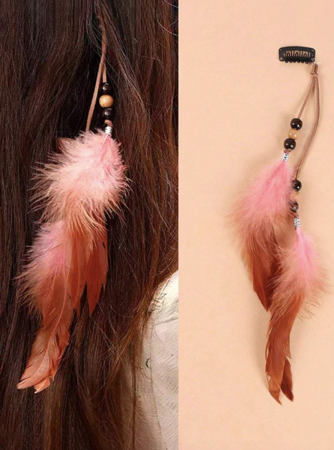 Bohemian Gypsy Indian Feather, Leather and Beaded Plaited Hair Piece - 8 Styles