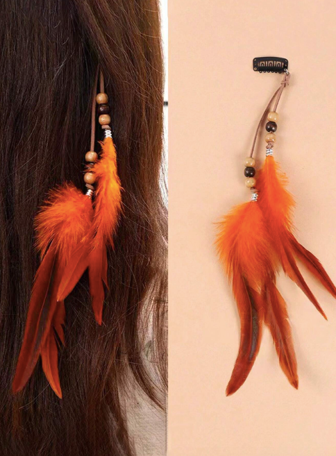 Bohemian Gypsy Indian Feather, Leather and Beaded Plaited Hair Piece - 8 Styles