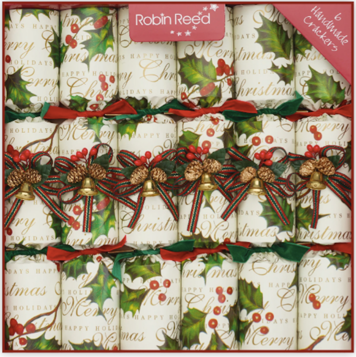 Holly Bells Large Handmade Luxury Traditional Christmas Crackers (6 Pack)