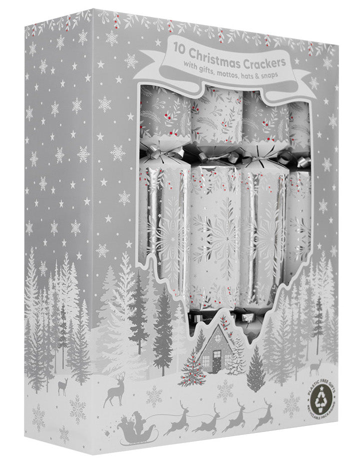 Festive Silver Snowflakes Large 12" Christmas Family Crackers (10 Pack)