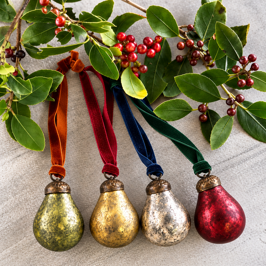 4 x Vintage Antique Mini Glass Pear Bauble Hanging Decoration with Velvet Ribbon