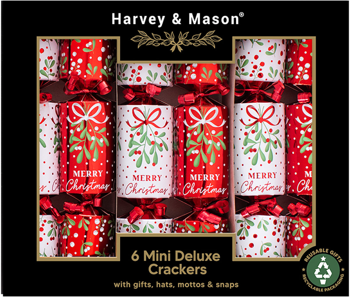 Mini Deluxe Red Mistletoe 8.5" Christmas Crackers (6 Pack)