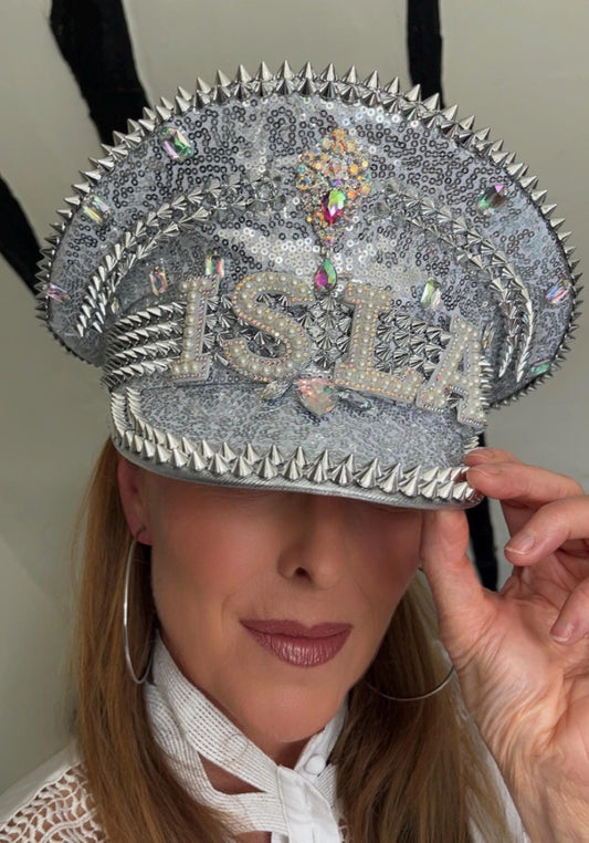 Personalised Silver Punk Rhinestone Jewelled Sequin Captain Hat