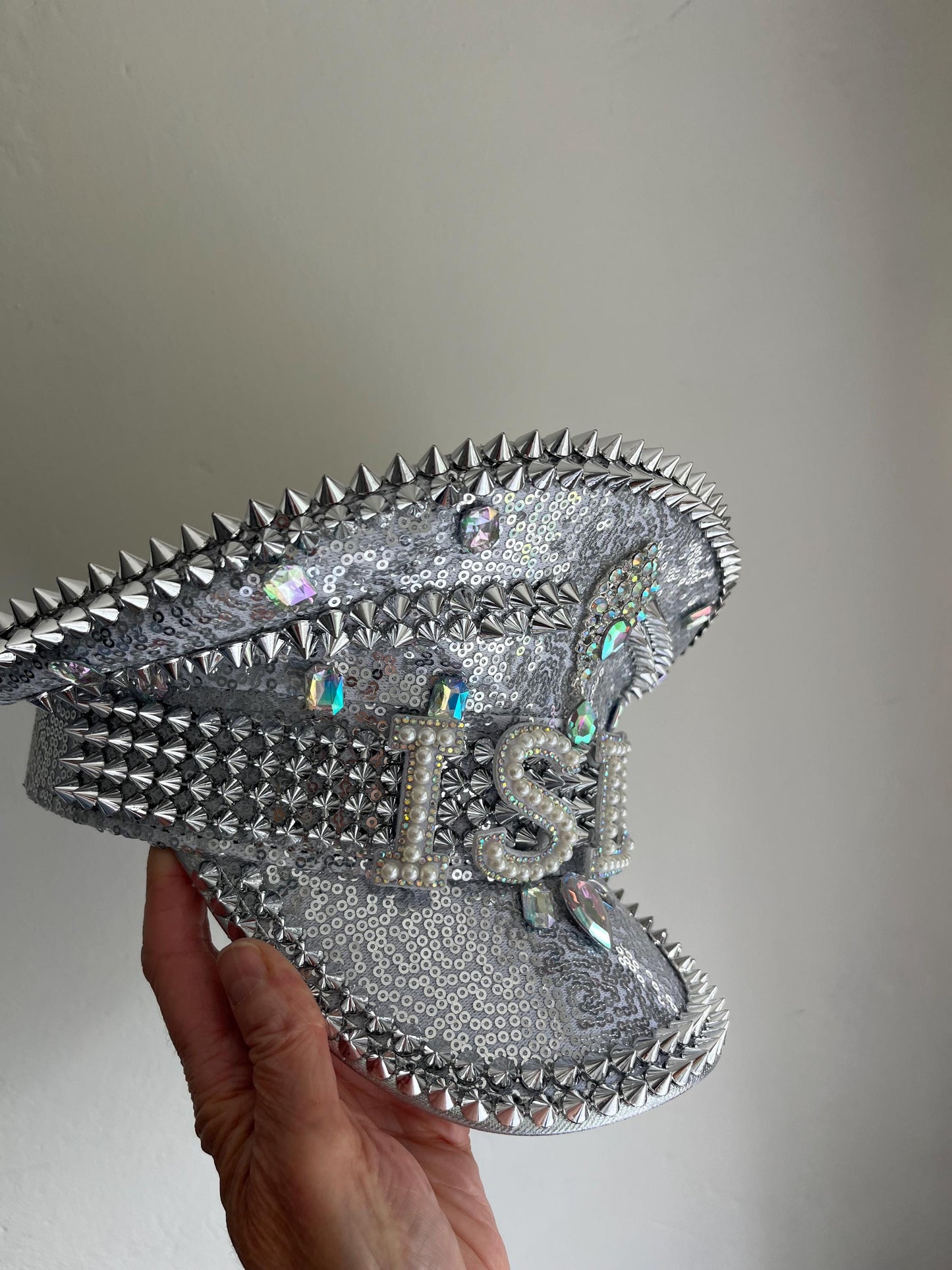Personalised Silver Punk Rhinestone Jewelled Sequin Captain Hat