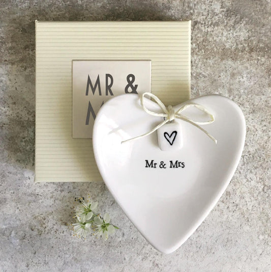 Mr & Mrs Porcelain Heart Shaped Boxed Inscribed Ring Dish