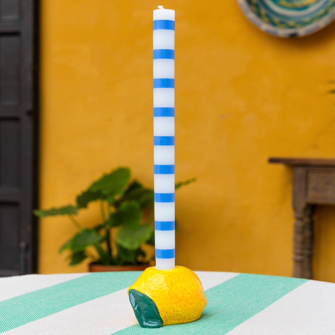 Blue Striped Tall Dinner Candles