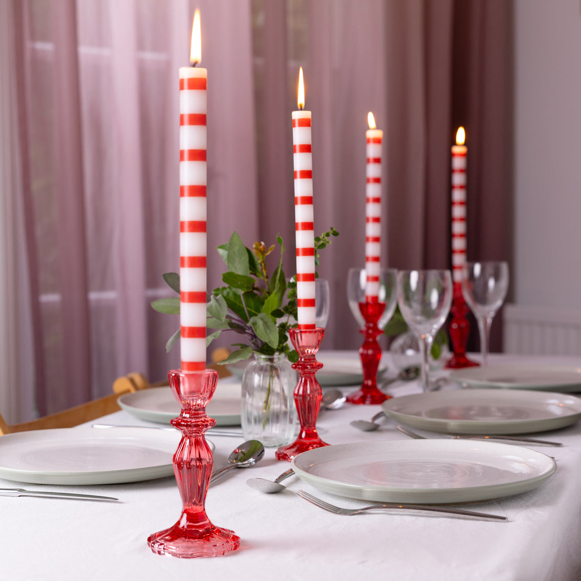 Red and White Striped Tall Dinner Candles