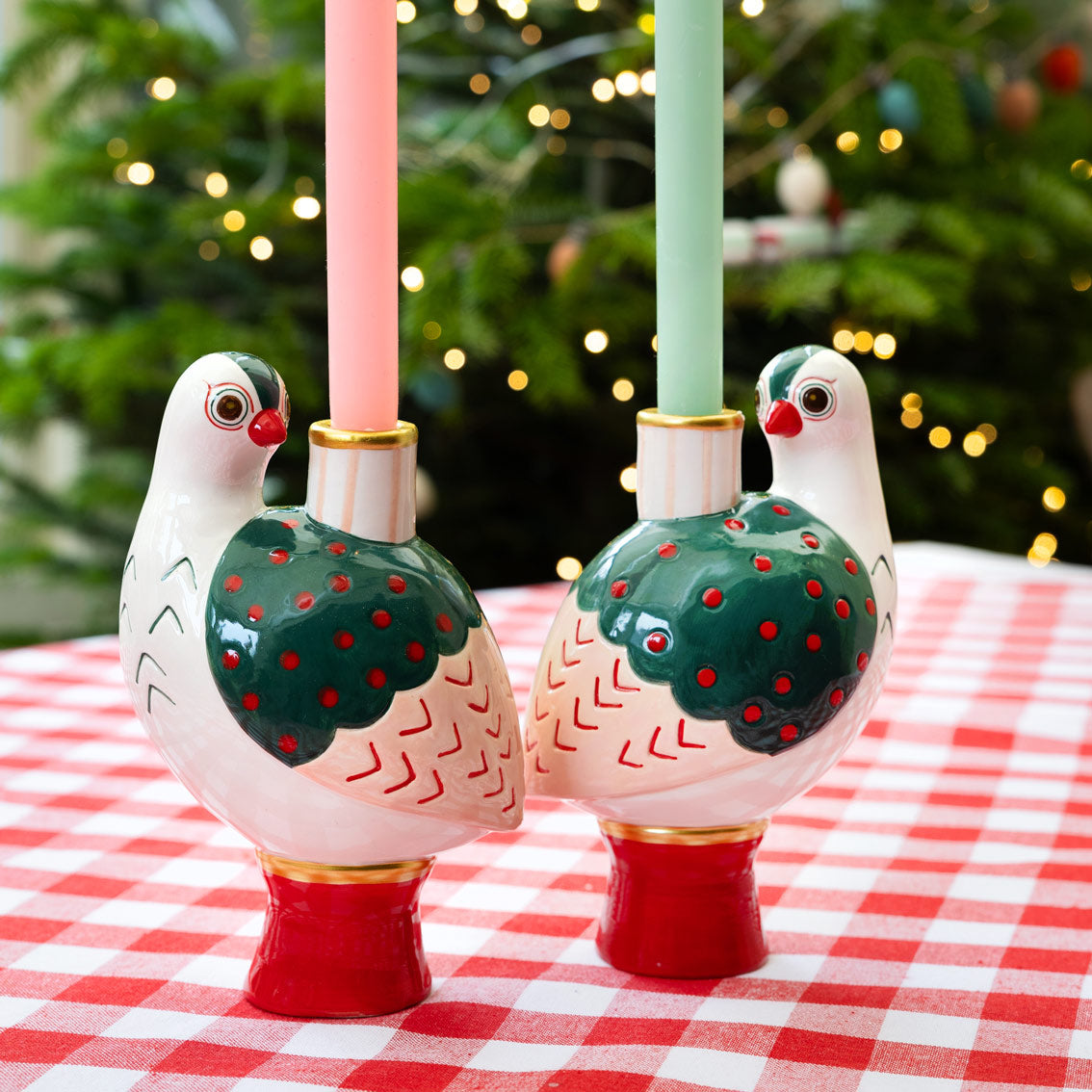 Ceramic Bird Red and Green Large Dinner Candle Holder 20cm