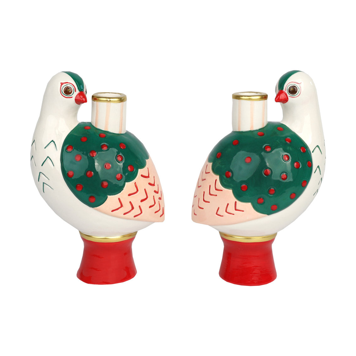 Ceramic Bird Red and Green Large Dinner Candle Holder 20cm