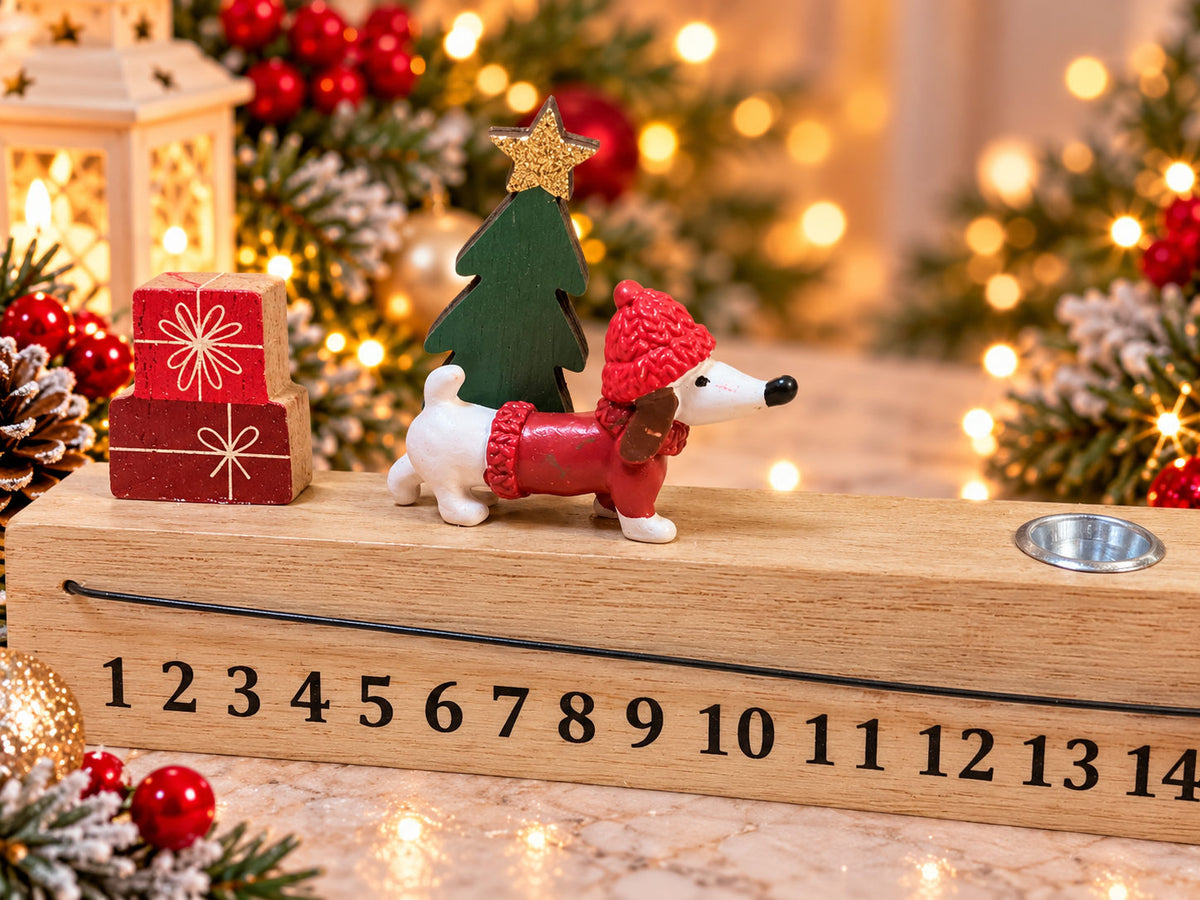 Wooden Christmas Advent Countdown Ruler – Festive Dachshund Sausage Dog