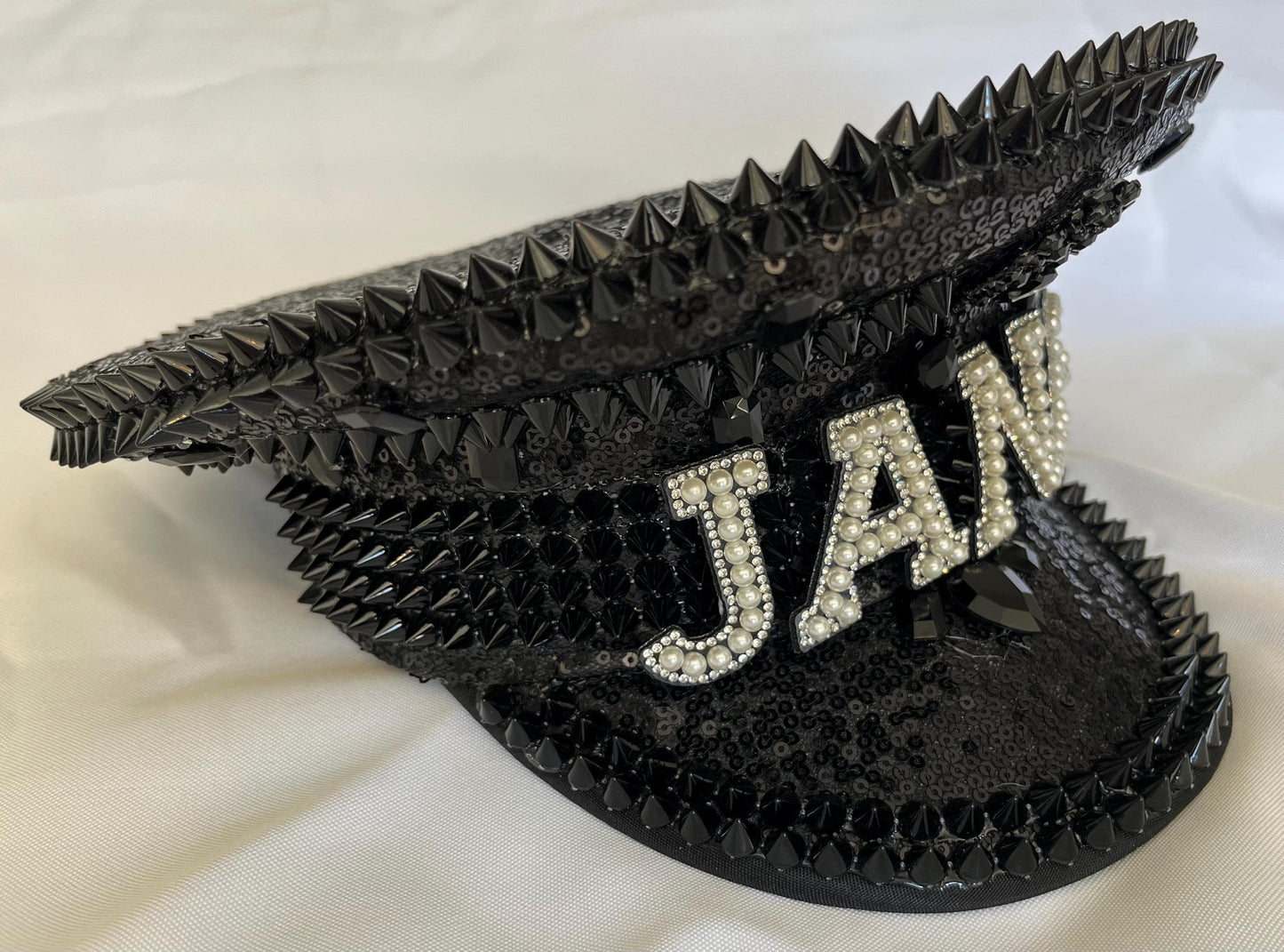 Personalised Black Punk Rhinestone Jewelled Sequin Captain Hat