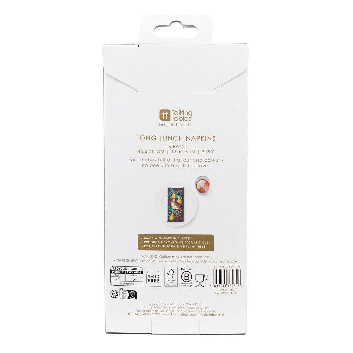 Partridge and Pear Long Paper Napkins (16 Pack)