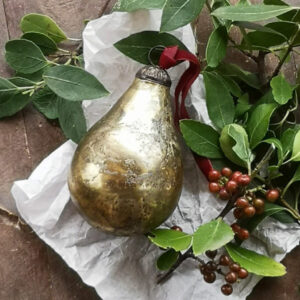 Vintage Antique Gold Glass Pear Bauble Hanging Decoration with Velvet Ribbon