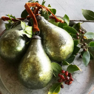 Vintage Antique Green Glass Pear Bauble Hanging Decoration with Velvet Ribbon