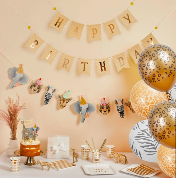 Gold Foiled Polka Dot Happy Birthday Flag Bunting with Yellow Pom Poms by Hootyballoo