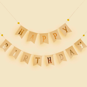 Gold Foiled Polka Dot Happy Birthday Flag Bunting with Yellow Pom Poms by Hootyballoo