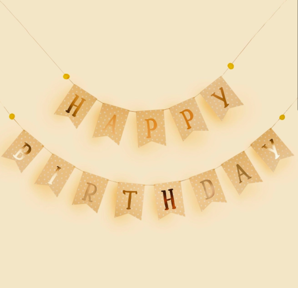 Gold Foiled Polka Dot Happy Birthday Flag Bunting with Yellow Pom Poms by Hootyballoo